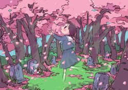 Rule 34 | 1girl, 1nupool, :o, arms up, blouse, blue shirt, blue skirt, blush stickers, braid, brown eyes, brown hair, cherry blossoms, dappled sunlight, day, fading, falling petals, floating hair, flower, from side, full body, ghost, grass, graveyard, highres, kneehighs, leg up, long hair, long sleeves, looking away, looking up, low twintails, medium skirt, no feet, no pupils, open hands, original, outdoors, outstretched arms, parted lips, petals, profile, sailor collar, scenery, school uniform, serafuku, shade, shirt, skirt, sleeve cuffs, socks, solo, sunlight, tareme, tombstone, tree shade, twin braids, twintails, walking, white sailor collar, white socks, wind