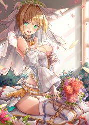 Rule 34 | 10s, 1girl, ahoge, bad id, bad pixiv id, belt, boots, bouquet, breasts, bridal veil, chain, cleavage, fate/extra, fate/extra ccc, fate (series), flower, full-length zipper, garter straps, hair intakes, head wreath, highres, leotard, lock, looking at viewer, medium breasts, nero claudius (bride) (fate), nero claudius (bride) (second ascension) (fate), nero claudius (fate), nero claudius (fate) (all), open mouth, padlock, pink lips, seiza, showgirl skirt, sitting, smile, solo, strapless, strapless leotard, thigh boots, thighhighs, veil, white flower, white leotard, white thighhighs, zhi yu (siro800102), zipper, zipper pull tab