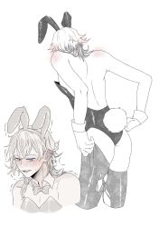 Rule 34 | 1boy, animal ears, ass, back, bishounen, blue eyes, blush, commentary, crossdressing, detached collar, embarrassed, english commentary, fake animal ears, from behind, gavis bettel, heterochromia, highres, holostars, holostars english, looking down, makiei, male focus, male playboy bunny, monochrome, neck blush, pink eyes, rabbit ears, rabbit tail, shaking, short hair, shoulder blush, sketch, skindentation, standing, tail, thighhighs, thighs, torn clothes, torn thighhighs, virtual youtuber, white background