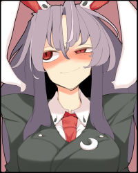 Rule 34 | 1girl, animal ears, border, breasts, rabbit ears, close-up, female focus, large breasts, looking away, no nose, purple hair, red eyes, reisen udongein inaba, solo, toriga naku, touhou, uneven eyes