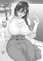 Rule 34 | 1futa, :d, aneros, blush, braid, breasts, bulge, buttons, futanari, greyscale, hair between eyes, high-waist skirt, holding, huge breasts, large penis, long hair, long skirt, looking at viewer, monochrome, open mouth, original, penis, prostate massager, sex toy, shirt, single braid, sitting, skirt, smile, solo, tokimachi eisei, translation request