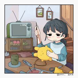 Rule 34 | 1girl, :3, black eyes, black hair, blush, border, crt, cup, fabric, female focus, holding, indoors, long sleeves, low ponytail, needle, original, ponytail, scissors, sewing, shirt, solo, stairs, stuffed toy, table, television, thread, twitter username, white border, wooden floor, yomoi nui