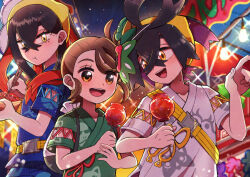 Rule 34 | 1boy, 2girls, :d, :t, absurdres, black hair, blue shirt, candy apple, carmine (pokemon), chopsticks, closed mouth, commentary request, creatures (company), crossed bangs, eating, eyelashes, food, game freak, green shirt, hair between eyes, hairband, happy, highres, holding, holding chopsticks, juliana (pokemon), kieran (pokemon), mask, mask on head, mole, mole on neck, multiple girls, night, nintendo, open mouth, outdoors, pointing, pokemon, pokemon sv, shirt, short sleeves, smile, teeth, tongue, upper teeth only, watawata22, yellow eyes, yellow hairband