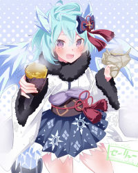 Rule 34 | 1girl, blue hair, blush, dragon girl, dragon horns, elf, highres, horns, japanese clothes, kimono, looking at viewer, open mouth, pointy ears, princess connect!, purple eyes, seryu oekaki, sheffy (princess connect!)