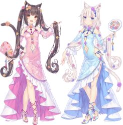 Rule 34 | 2girls, animal ear fluff, animal ears, bare legs, bare shoulders, blue dress, blue eyes, blue footwear, blue ribbon, brown hair, brown tail, cat ears, cat girl, cat tail, china dress, chinese clothes, chocola (nekopara), clothing cutout, detached sleeves, dress, earrings, flower, flower earrings, frills, hair flower, hair ornament, hand fan, hand up, high heels, holding, holding fan, jewelry, long dress, long hair, looking to the side, multiple girls, nail polish, navel, navel cutout, nekopara, official art, orange flower, orange rose, pink dress, pink flower, pink footwear, pink rose, purple flower, purple rose, red ribbon, ribbon, rose, sayori (neko works), second-party source, siblings, sisters, tail, tail flower, tail ornament, toes, transparent background, vanilla (nekopara), very long hair, white fur, white hair, white tail, yellow flower, yellow rose