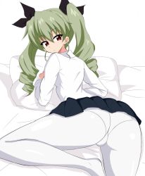 Rule 34 | 1girl, anchovy (girls und panzer), ass, drill hair, from behind, girls und panzer, green hair, looking back, on bed, panties, pantyhose, pillow, red eyes, ribbon, school uniform, shirt, skirt, solo, taka (pixiv8658), twintails, underwear, white shirt
