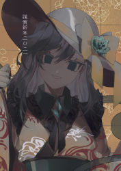 Rule 34 | 1girl, adapted costume, ama asagi, black hat, black neckerchief, blue flower, blue rose, bow, brooch, commentary, floral print, flower, green eyes, green hair, hair between eyes, hand up, happy new year, hat, hat bow, hat flower, hat ribbon, head tilt, highres, japanese clothes, jewelry, kimono, komeiji koishi, long hair, looking at viewer, neckerchief, new year, obi, ribbon, rose, sash, smile, teeth, third eye, touhou, translated, upper body, wide sleeves, yellow bow, yellow kimono, yellow ribbon