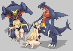 Rule 34 | 1boy, 1girl, :d, ass, bar censor, bestiality, blonde hair, blush, breasts, breath, censored, chouku tetsushitsuiwa, claws, creatures (company), cynthia (pokemon), fucked silly, full body, fur collar, furry, furry male, furry with non-furry, game freak, garchomp, gen 4 pokemon, grey background, hair ornament, hair over one eye, half-closed eyes, highres, interspecies, large breasts, long hair, looking up, multiple pe, multiple views, nintendo, nipples, nude, open mouth, penis, penis awe, penis on face, pokemon, pokemon (creature), pokemon dppt, pokephilia, saliva, seiza, sex, sex from behind, simple background, sitting, smile, standing, steaming body, tongue