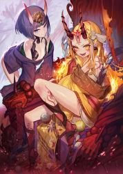 Rule 34 | 2girls, ball, beads, blonde hair, bob cut, body markings, chromatic aberration, claws, colored skin, earrings, eyeliner, facial mark, fate/grand order, fate (series), fingernails, fire, forehead mark, headpiece, highres, horns, ibaraki douji (fate), japanese clothes, jewelry, kimono, long hair, looking at viewer, makeup, mascara, multiple girls, obi, oni, open clothes, open kimono, open mouth, pointy ears, prayer beads, purple eyes, purple hair, purple kimono, red skin, revealing clothes, sash, sb lama, sharp fingernails, sharp teeth, sharp toenails, short hair, short kimono, shuten douji (fate), sitting, skin-covered horns, smile, tattoo, teeth, toenails, yellow eyes, yellow kimono