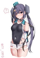 Rule 34 | 1girl, ?, bare shoulders, black one-piece swimsuit, competition swimsuit, covered navel, cowboy shot, detached sleeves, garrison cap, hair ornament, hat, highleg, highleg swimsuit, highres, kantai collection, long hair, looking at viewer, one-hour drawing challenge, one-piece swimsuit, parted lips, purple eyes, scamp (kancolle), shorts, side ponytail, simple background, solo, spoken question mark, star (symbol), star hair ornament, swimsuit, tf cafe, twintails, twitter username, very long hair, white background, white shorts