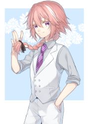 Rule 34 | 1boy, alternate costume, androgynous, astolfo (fate), bad id, bad pixiv id, braid, checkered clothes, checkered necktie, checkered neckwear, fate/apocrypha, fate (series), formal, hair intakes, hand in pocket, kan&#039;yu (citron 82), long hair, looking at viewer, male focus, necktie, pink hair, purple necktie, single braid, smile, solo, suit, waistcoat