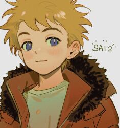 Rule 34 | 1boy, animification, blonde hair, blue eyes, blush, child, commentary, cuf nayl, fur trim, highres, kenny mccormick, light smile, looking at viewer, male focus, painttool sai (medium), shirt, short hair, simple background, smile, solo, south park, white background, white shirt