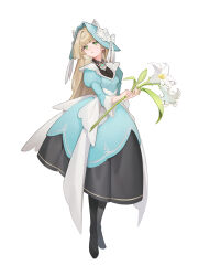 Rule 34 | 1girl, absurdres, black dress, black footwear, blonde hair, blue dress, bonnet, bow, breasts, collared dress, commentary, dress, flower, full body, green eyes, hat, hat bow, highres, holding, holding flower, juliet sleeves, long hair, long sleeves, looking afar, multicolored clothes, multicolored dress, original, oversized flower, parted lips, puffy sleeves, simple background, small breasts, solo, teeth, tg (tg c apple), white background, white bow, white dress, white flower
