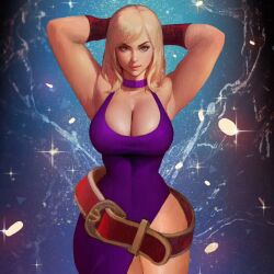 Rule 34 | 1girl, armpits, arms behind head, arms up, bare shoulders, belt, blonde hair, blue eyes, bracelet, breasts, choker, cleavage, close-up, collarbone, dress, fatal fury, fingerless gloves, garou: mark of the wolves, gloves, hands in hair, highres, ickpot, jenet behrn, jewelry, large breasts, portrait, snk, upper body