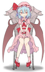 Rule 34 | 1girl, ascot, back bow, between legs, blue gemstone, blue hair, blush, bow, bright pupils, brooch, brown wings, child, collared dress, crossed bangs, demon girl, demon wings, dress, e.o., fang, fang out, female focus, flat chest, flat color, frilled dress, frilled sleeves, frills, gem, hair between eyes, half-closed eyes, hand between legs, hat, have to pee, highres, jewelry, legs, looking at viewer, mob cap, nervous smile, on chair, own hands together, pigeon-toed, pink dress, pink hat, pink socks, pointy ears, puffy short sleeves, puffy sleeves, red ascot, red bow, red eyes, red footwear, remilia scarlet, ribbon-trimmed headwear, ribbon trim, sash, shoes, short hair, short sleeves, sidelocks, simple background, sitting, sketch, smile, socks, solo, straight-on, sweat, throne, touhou, v arms, white background, white pupils, wings, wrist cuffs