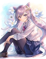 Rule 34 | 1girl, black pantyhose, blue skirt, bow, bowtie, breasts, brown footwear, closed mouth, collared shirt, cone hair bun, double bun, dress shirt, floral background, genshin impact, hair bun, hair ornament, hands on legs, highres, jewelry, keqing (genshin impact), knees up, loafers, long hair, looking at viewer, medium breasts, mirukurim, pantyhose, pleated skirt, purple bow, purple eyes, purple hair, school uniform, shirt, shirt tucked in, shoes, simple background, sitting, skirt, solo, twintails, uniform, wavy hair, white shirt