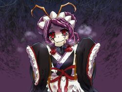 Rule 34 | 1girl, antennae, arms up, arthropod girl, black kimono, blood, blood on clothes, blood on face, commentary request, double bun, drooling, entoma vasilissa zeta, extra pupils, fangs, hair bun, heavy breathing, japanese clothes, kimono, light smile, looking at viewer, maid, maid headdress, monster girl, overlord (maruyama), purple background, purple hair, red eyes, ribbon, rose annu, short hair, silk, simple background, skin fangs, sleeves past wrists, spider web, upper body