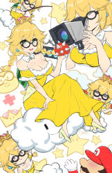 Rule 34 | 1boy, 1girl, artist name, bare shoulders, black-framed eyewear, blonde hair, braid, breasts, camera, cleavage, cloud, dress, earrings, emu (confisery), facial hair, fishing rod, fur trim, glasses, green eyes, hair between eyes, hand up, hat, heart, high heels, highres, holding, holding camera, holding fishing rod, jewelry, lakitu, large breasts, long hair, mario, mario (series), movie camera, mustache, new super mario bros. u deluxe, nintendo, off-shoulder dress, off shoulder, on cloud, open mouth, personification, red hat, sitting, smile, spiny egg, star (symbol), super crown, turtle shell, twin braids, upper body, white background, yellow dress, yellow footwear