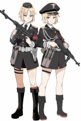 Rule 34 | 2girls, armband, bad id, bad twitter id, belt, black footwear, black headwear, black neckwear, blonde hair, boots, breast pocket, breasts, closed mouth, dual persona, full body, garrison cap, girls&#039; frontline, gun, hat, highres, holding, holding gun, holding weapon, long sleeves, military, military uniform, mp40 (girls&#039; frontline), multiple girls, necktie, peaked cap, pocket, pouch, red eyes, short hair, simple background, smile, standing, thigh strap, uniform, wani (perfect han), weapon, white background