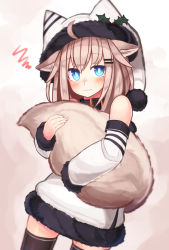 Rule 34 | 1girl, ahoge, animal ears, animal hat, bad id, bad pixiv id, black thighhighs, blonde hair, blue eyes, collar, cowboy shot, detached sleeves, dog ears, dog tail, dutch angle, fur trim, hair ornament, hairclip, hat, highres, hugging own tail, hugging tail, looking at viewer, mistletoe, original, reitou mikan, santa hat, solo, squiggle, tail, thighhighs, wavy mouth, zettai ryouiki