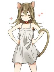 Rule 34 | 1girl, animal ears, bare legs, bare shoulders, bell, cat ears, cat girl, cat tail, character request, closed eyes, closed mouth, commentary request, copyright request, double-parted bangs, dress, hagiwara daisuke, hands on own hips, neck bell, simple background, solo, star (symbol), tail, white background
