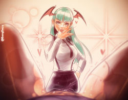 Rule 34 | 2girls, after cunnilingus, artist name, bangdacy, blurry, breasts, depth of field, female pov, female pubic hair, green hair, hand on own hip, head wings, heart, heart-shaped pupils, large breasts, licking, long hair, looking at viewer, morrigan aensland, multiple girls, necktie, pantyhose, pov, pubic hair, pussy juice, smile, sparkle, suspenders, symbol-shaped pupils, tongue, tongue out, torn clothes, torn legwear, trembling, vampire (game), view between legs, wings, yuri