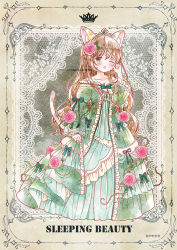 Rule 34 | 1girl, animal ears, blush, bow, brown hair, cat ears, cat girl, cat tail, crown, dress, emo (mikan), english text, flower, frilled dress, frilled sleeves, frills, green bow, green dress, green ribbon, grey background, lace trim, light brown hair, long hair, long sleeves, mini crown, one eye closed, original, parted lips, pink flower, pink rose, ribbon, rose, rubbing eyes, sleepy, solo, standing, tail, traditional media, wide sleeves