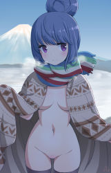 Rule 34 | 1girl, black thighhighs, blush, body blush, breasts, breasts apart, breath, closed mouth, cowboy shot, enpera, exhibitionism, fringe trim, groin, hair bun, kuroda akimi, long hair, looking at viewer, medium breasts, mountain, mountainous horizon, multicolored clothes, multicolored scarf, navel, no pussy, outdoors, public indecency, purple eyes, scarf, shima rin, signature, single hair bun, smile, solo, standing, stomach, thighhighs, winter, yurucamp