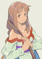 Rule 34 | 1girl, arc the lad, arc the lad ii, bare shoulders, breasts, brown eyes, brown hair, cleavage, closed mouth, collarbone, dress, lieza (arc the lad), long hair, looking at viewer, lowres, sarmat, simple background, solo, very long hair