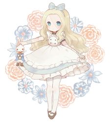 Rule 34 | 1girl, alice (alice in wonderland), alice in wonderland, ayu (mog), black footwear, blonde hair, blue bow, blue eyes, blue flower, blue hairband, bow, bright pupils, closed mouth, dress, floral background, flower, full body, hair bow, hairband, holding, layered dress, leotard, long hair, looking at viewer, original, pantyhose, red flower, red rose, rose, shoes, solo, white dress, white pantyhose, white rabbit (alice in wonderland), wristband