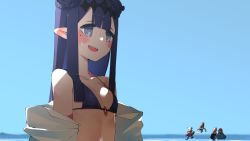 Rule 34 | 5girls, absurdres, bare shoulders, beach, bikini, black bikini, blue eyes, blue sky, blunt bangs, blush, braid, braided bangs, breasts, commentary, double bun, embarrassed, english commentary, fang, from side, hair bun, halterneck, headpiece, highres, hololive, hololive english, jacket, jacket partially removed, long hair, mole, mole under eye, multiple girls, ninomae ina&#039;nis, o-ring, o-ring bikini, ocean, official alternate hairstyle, pointy ears, purple hair, sidelocks, sky, small breasts, solo focus, string bikini, sweatdrop, swimsuit, upper body, very long hair, virtual youtuber, zaniaii