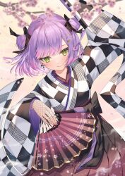 Rule 34 | 1girl, blush, bow, checkered clothes, earrings, fishnet gloves, fishnets, flower, gloves, hair ornament, hair ribbon, hairpin, hand fan, highres, hololive, japanese clothes, jewelry, kimono, long sleeves, multiple hairpins, purple hair, ribbon, runlan 0329, smile, tokoyami towa, tokoyami towa (new year), two side up, virtual youtuber, yellow eyes