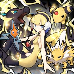 Rule 34 | 1girl, ampharos, arm support, bare shoulders, blonde hair, blue eyes, breasts, creatures (company), dress, electricity, elesa (pokemon), game freak, gen 1 pokemon, gen 2 pokemon, gen 4 pokemon, gen 5 pokemon, gym leader, headphones, highres, jolteon, leaning back, looking at viewer, mi-ko (meeco35), nintendo, pantyhose, pokemon, pokemon (creature), pokemon bw, rotom, short dress, short hair, sideboob, sitting, sparkle, tight clothes, tight dress, yellow dress, zebstrika