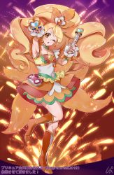 Rule 34 | 1girl, armpits, blonde hair, boots, brooch, brown eyes, choker, collarbone, covered navel, cure honey, cure honey (coconut samba), full body, green choker, happinesscharge precure!, heart, heart brooch, high heel boots, high heels, high ponytail, highres, holding, jewelry, layered skirt, long hair, looking at viewer, miniskirt, one eye closed, oomori yuuko, open mouth, orange footwear, orange skirt, outstretched arm, precure, shipu (gassyumaron), skirt, sleeveless, solo, standing, standing on one leg, very long hair