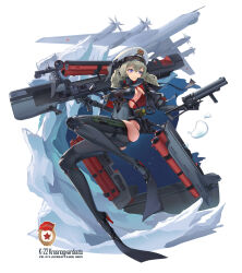 Rule 34 | 1girl, blonde hair, bodysuit, breasts, expressionless, flippers, gun, hat, highres, holding, holding weapon, ice, jacket, knee pads, large breasts, messy hair, open clothes, open jacket, original, peaked cap, purple eyes, rifle, rigging, sideboob, sima naoteng, skindentation, solo, tu-95, weapon
