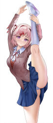 Rule 34 | 1girl, absurdres, blazer, breasts, commentary, cowboy shot, doki doki literature club, english commentary, highres, jacket, leg up, medium breasts, natsuki (doki doki literature club), panties, pantyshot, pink eyes, pink hair, pleated skirt, school uniform, short hair, short twintails, simple background, skirt, solo, split, stretching, sweater vest, twintails, underwear, white background, yami (rear4742)