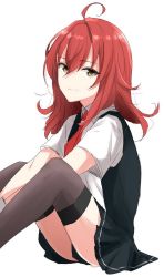 Rule 34 | 10s, 1girl, ahoge, arashi (kancolle), brown eyes, kantai collection, light smile, looking at viewer, morinaga miki, pleated skirt, red hair, school uniform, simple background, sitting, skirt, solo, thighhighs, white background