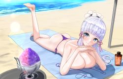 Rule 34 | 1girl, absurdres, artist request, ass, ayaka (genshin impact), bare shoulders, barefoot, bikini, blue eyes, blush, breasts, flower, genshin impact, hair flower, hair ornament, highres, huge breasts, long hair, looking at viewer, lying, on stomach, ponytail, shiny skin, silver hair, smile, solo, swimsuit, thong, thong bikini, very long hair
