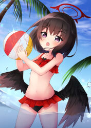 Rule 34 | 1girl, :o, absurdres, akimiya yamiku, alternate costume, ball, beachball, bikini, black hair, black wings, blue archive, blue sky, blurry, cloud, cloudy sky, coconut tree, collarbone, commentary, depth of field, eyes visible through hair, feathered wings, frilled bikini, frills, hair between eyes, halo, highres, in water, looking at viewer, mashiro (blue archive), navel, ocean, palm tree, purple eyes, red bikini, short hair, sidelocks, sky, solo, stomach, swimsuit, tree, winged halo, wings