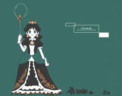 Rule 34 | 1girl, 2019, alternate color, aqua background, aqua eyes, black dress, bow, bright pupils, brooch, crown, dated, dress, earrings, flipped hair, flower, flower earrings, full body, gloves, hand up, highres, jewelry, mario (series), missou shiro, nintendo, open mouth, orange bow, princess, princess daisy, puffy short sleeves, puffy sleeves, short hair, short sleeves, solo, super smash bros., white gloves, white pupils