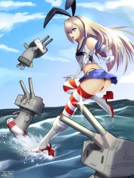 Rule 34 | 10s, 1girl, anchor, anchor hair ornament, animal ears, artist name, ass, black panties, blonde hair, blue eyes, chestnut mouth, cloud, commentary, day, elbow gloves, gloves, hair ornament, hairband, highleg, highleg panties, highres, jay156, kantai collection, lifebuoy, long hair, microskirt, open mouth, panties, rabbit ears, rensouhou-chan, sailor collar, shimakaze (kancolle), skirt, splashing, striped clothes, striped thighhighs, swim ring, thighhighs, thong, underwear, walking, walking on liquid