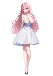 Rule 34 | 1girl, arms behind back, bare legs, black footwear, blue eyes, breasts, cleavage, closed mouth, collarbone, commentary request, dress, full body, hair between eyes, highres, large breasts, legs together, long hair, looking at viewer, official art, original, pink hair, seele0907, shoes, simple background, smile, solo, spaghetti strap, standing, very long hair, white background, white dress