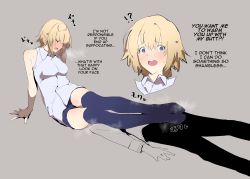 Rule 34 | 1girl, absurdres, asphyxiation, bare shoulders, blonde hair, blue eyes, blue legwear, blue panties, blush, commentary request, drill hair, fate/grand order, fate (series), femdom, grey background, grey shirt, hard-translated, highres, jeanne d&#039;arc (fate), jikatarou, looking at viewer, looking down, multiple views, open mouth, outstretched hand, panties, shirt, short hair, sidelocks, sitting, sitting on face, sitting on person, sleeveless, sleeveless shirt, steaming body, third-party edit, translated, underwear