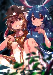 Rule 34 | 2girls, asuzemu, barefoot, blonde hair, bloomers, blue dress, blue hair, blurry, blush, breasts, brown hat, dango, dappled sunlight, day, depth of field, dress, ears down, eating, food, frilled sleeves, frills, grass, grin, hair between eyes, hat, knees together feet apart, legs, looking at viewer, low twintails, midriff, multiple girls, red eyes, ringo (touhou), seiran (touhou), short sleeves, shorts, side-by-side, sitting, small breasts, smile, striped clothes, striped shorts, sunlight, touhou, tree, twintails, underwear, wagashi, yellow shorts