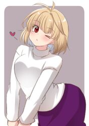 Rule 34 | 1girl, absurdres, antenna hair, arcueid brunestud, blonde hair, blowing kiss, blush, commentary request, grey background, hair between eyes, heart, highres, long sleeves, looking at viewer, one eye closed, purple skirt, red eyes, shimotsukishin, short hair, simple background, single hair intake, skirt, solo, sweater, tsukihime, turtleneck, turtleneck sweater, white sweater