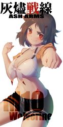 Rule 34 | 1girl, ash arms, black hair, black shorts, breasts, character name, cleavage, clenched hands, closed mouth, commentary, copyright name, cowboy shot, crop top, english text, facial mark, fighting stance, front-tie top, hair ornament, hairclip, highres, large breasts, looking at viewer, m10 (ash arms), medium hair, midriff, navel, red eyes, shirt, short shorts, short sleeves, shorts, simple background, smile, solo, standing, swept bangs, warashi, white background, white shirt