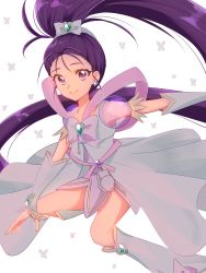 Rule 34 | 1girl, bow, brooch, commentary request, cure windy, detached sleeves, dress, earrings, eyelashes, fpminnie1, futari wa precure splash star, hair ornament, hair ribbon, happy, heart, heart brooch, heart earrings, highres, jewelry, long hair, looking at viewer, magical girl, mishou mai, ponytail, precure, puffy short sleeves, puffy sleeves, purple eyes, purple hair, ribbon, short sleeves, sketch, smile, solo, very long hair