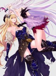 Rule 34 | 2girls, armor, armored boots, ayubee, blonde hair, boots, breasts, character request, cleavage, collarbone, detached sleeves, dress, flower, gauntlets, hair flower, hair ornament, hair ribbon, highres, long hair, multiple girls, red eyes, ribbon, signature, silver hair, strapless, strapless dress, white ribbon