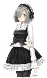 Rule 34 | 1girl, alternate costume, arm across waist, arm at side, black dress, black pantyhose, blue eyes, blush, bow, breasts, closed mouth, collared shirt, dress, dress bow, frilled dress, frills, gothic lolita, hair ornament, hair over one eye, hairclip, hamakaze (kancolle), hand on own arm, headdress, highres, kantai collection, lolita fashion, long sleeves, looking at viewer, medium breasts, pantyhose, retorillo, shirt, short hair, sidelocks, signature, silver hair, simple background, sleeves past wrists, solo, standing, striped clothes, striped shirt, white background