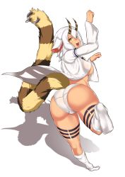 Rule 34 | 1girl, :d, absurdres, animal ears, ass, aster crowley, bad perspective, belphegor (sin nanatsu no taizai), belphegor (the seven deadly sins), blouse, clothes lift, dark-skinned female, dark skin, demon girl, fang, from behind, full body, highres, horns, looking at viewer, looking back, no bra, open clothes, open mouth, panties, running, shirt, shirt lift, short hair, sin nanatsu no taizai, smile, solo, standing, standing on one leg, tattoo, the seven deadly sins, underwear, white hair, white legwear, white panties, white shirt, yellow eyes